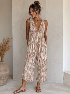 Endless Blu Russet Tie Dye Wide Leg Jumpsuit Boho Plunge Sleeveless Small